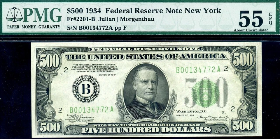 HGR 1934 $500 FRN New York FR.2201-B (RARE with EPQ) PMG AU-55EPQ - Image 1 of 2