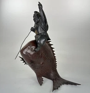 Antique Japanese Meiji Period Cast Iron Ebisu Fish God Seabream Carp Statue - Picture 1 of 17