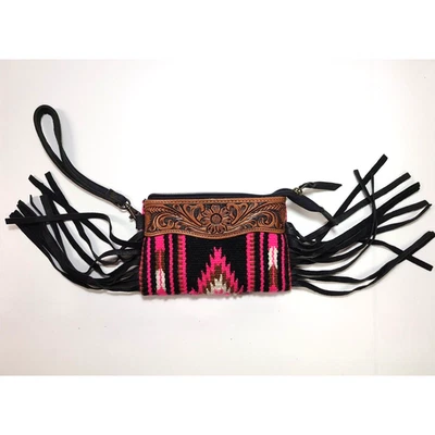 American Darling Fringe Wristlet Tooled Leather Wool Crossbody Western Pink - Image 1 of 4
