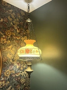Vintage Blumen Hängelampe Swag Windlicht kabelgebunden Milchglas groß - Bild 1 von 5