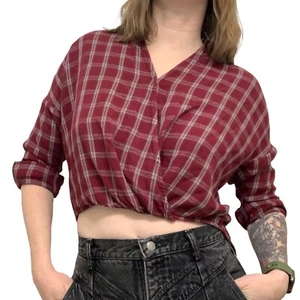 Lou & Grey By LOFT Womens XS Long Sleeve Burgundy Plaid Blouse Twist Front Shirt - Picture 1 of 6
