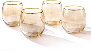 Amber Stemless Wine Glass Drinking Glasses, Beverage Drinkware Cup, Set of 4 - Picture 1 of 7