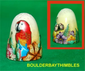 BOULDER BAY THIMBLE - TROPICAL FLORAL - SCARLETT MACAW #330 BUTTERFLY AFFIXED - Picture 1 of 6