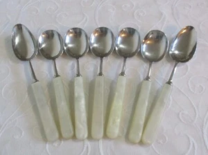 Vintage Stainless Steel Faux M.O.P Handled Soup Spoons & Table / Serving Spoons - Picture 1 of 6