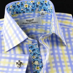 Camisa de vestir formal de negocios a cuadros azul y amarillo interior de margarita floral italiana para hombre - Imagen 1 de 8