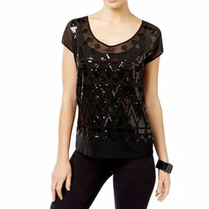 INC INTERNATIONAL CONCEPTS Size XS Sequined Cap-Sleeve Top BLACK - Picture 1 of 3