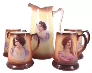 Tankard Set Victorian Ladies Pitcher 4 Mugs Whiteware Avon E Vettori Antique - Picture 1 of 12