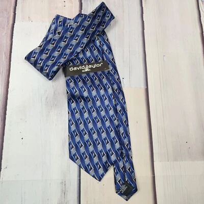 David Taylor Mens Formal Necktie 57"Lx3.75"W Blue Geometric Neck Tie New - Image 1 of 4