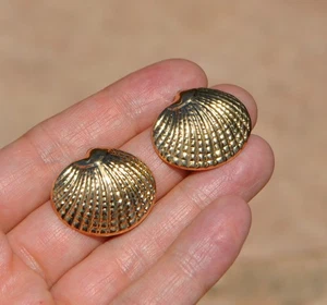 14k Solid Gold Seashell Clam Shell Earrings Large Round Studs Ocean Sea Yellow G - Picture 1 of 5