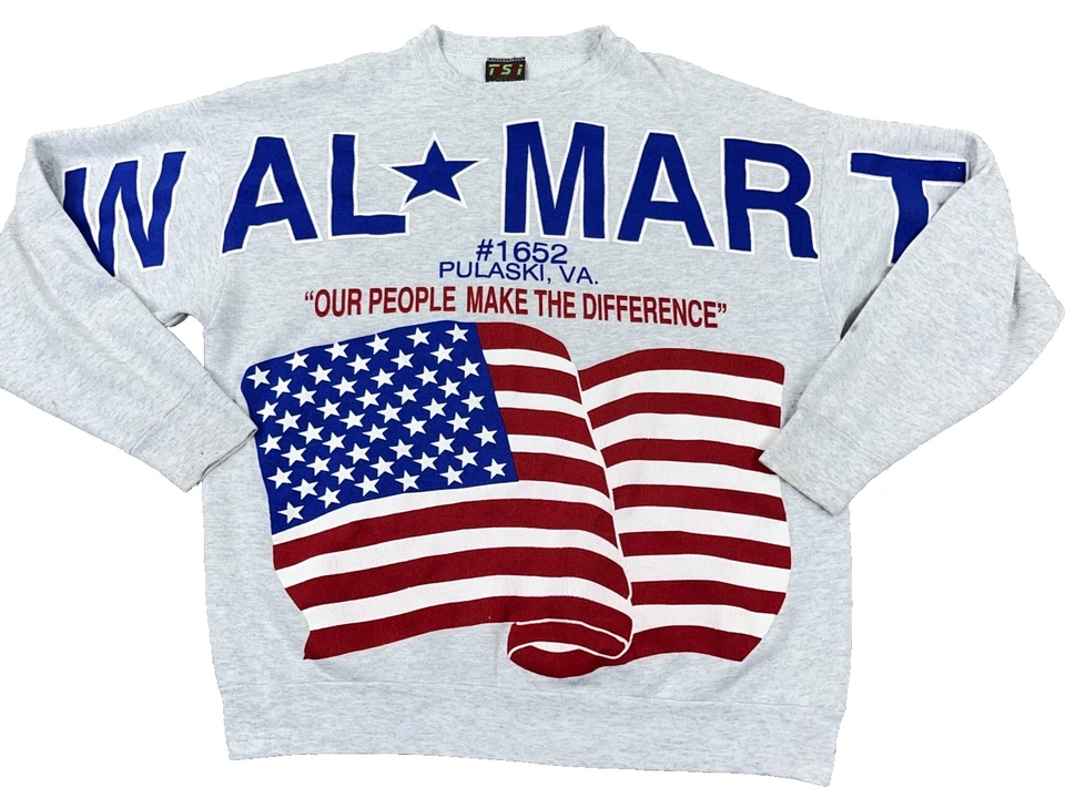 Sudadera De Colección Walmart Hombres XL Gris Cuello Redondo Años 80 90 AOP Spellut Bandera de EE. UU. * Foto 1 de 4