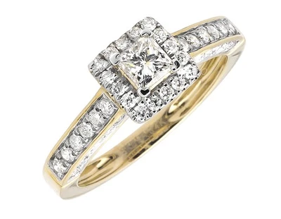 Anillo de compromiso solitario de diamantes con halo cuadrado de oro amarillo de 14 quilates de 1,0 quilates Foto 1 de 3
