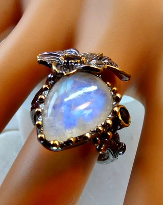 Anillo botánico de plata esterlina con zafiro piedra lunar arco iris natural talla 7 Foto 1 de 4