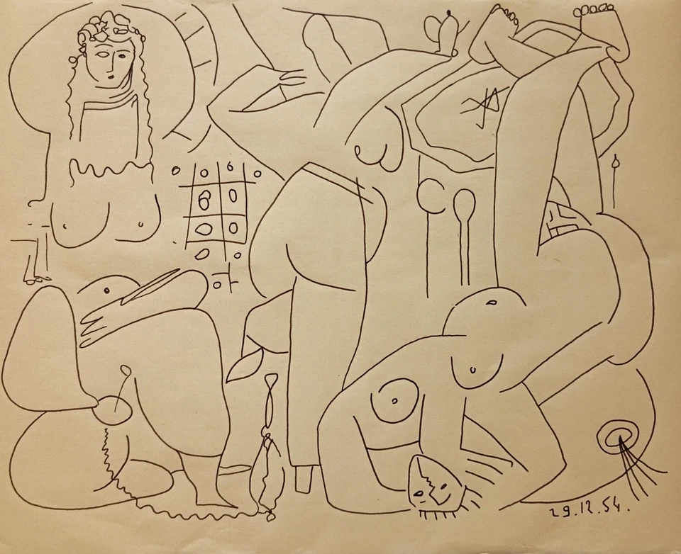 Grand dessin Composition cubiste École espagnole d'après Picasso  - Photo 1/1