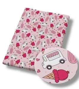 Rosa Eiswagen Van Lolly Sahne Kegel süßer Baumwollstoff Polyester 50x145CM - Bild 1 von 1