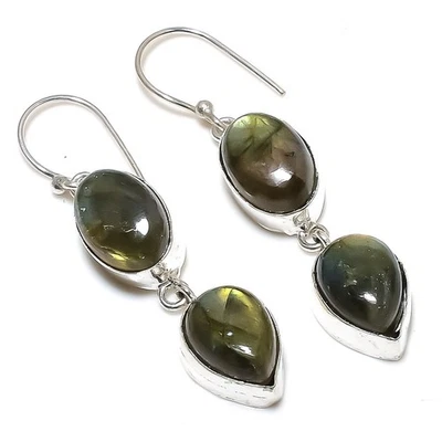 Orecchini In Argento Sterling 925 Fatti A Mano In Labradorite 2.21" - Immagine 1 di 4