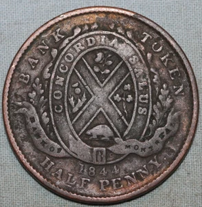 Ficha de medio centavo del Banco de Montreal de la Provincia de Canadá de 1844 ~ envío gratuito - Imagen 1 de 2