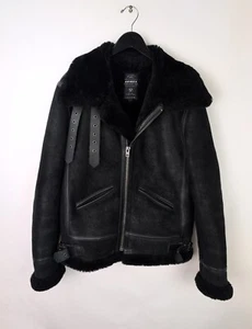 RECENT AVIREX Men's Sz M B-3 Black Lamb Shearling Leather Bomber Jacket Coat - Picture 1 of 12