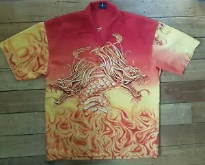 Mens Short Sleeve Shirt Sz M - ORIENTAL DRAGONS Orange Red Yellow Front + Back - Picture 1 of 12