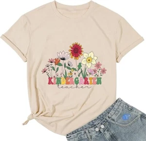 Kindergarten Teacher T-Shirt for Women Crew Novelty Graphic Top Medium Apricot - Picture 1 of 2