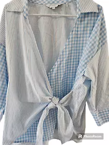 Foxcroft Damen Shirt blau gestreift Gingham 16W Button-Down Wickel zum Binden neu mit Etikett $ 96 - Bild 1 von 11