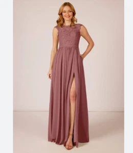 NEW Azazie Arden Maxi Dress Women's 10 Dusty Rose Lace A-Line Formal Bridesmaid - Picture 1 of 16