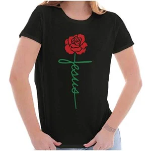 Christian Faith Religious Jesus Cross Rose Womens Top Junior Graphic Tee - Picture 1 of 7