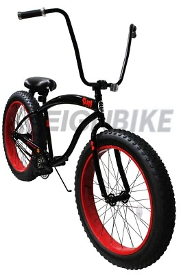 26" Slugo 4" Fat Tires Stretch Beach Cruiser Bicycle Rise Handlebar Red Rim Bike - Image 1 of 4