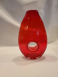 Vintage Art Glass Donut Hole Ruby Red Hand Blown Vase - Picture 1 of 5