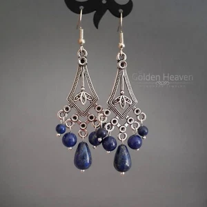 Blue Art Deco Lapis Lazuli Chandelier Earrings Tibetan Silver 925 Sterling Hooks - Picture 1 of 3