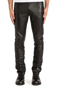 Leather Pants Men Pant Trousers Slim Biker Fit Men's Jeans Style Real Black 70 - Picture 1 of 4