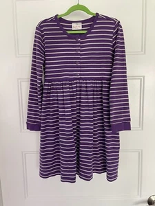 💜 Hanna Andersson Vintage Girls Play Dress Purple Gray Stripe Size 130 (7-10) - Picture 1 of 8