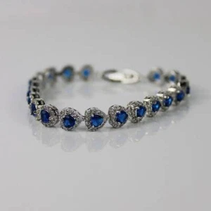 WHITE GOLD FINISH Blue Sapphire Created Diamond Heart Cut Bracelet + Gift Box - Picture 1 of 6