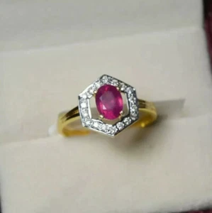 2Ct Oval Cut Ruby & Lab Created Diamond 14K Yellow Gold Finish Engagement Ring - Picture 1 of 10