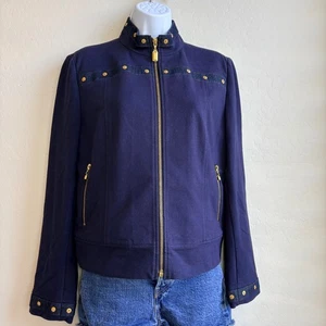 St. John Sport Collection Navy Blue Denim Trim Gold Small Button Jacket Womens - Picture 1 of 14