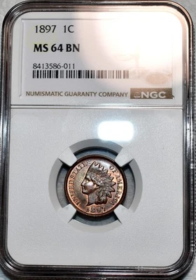 NGC MS-64 BN 1897 Indian Head Cent, Blazing Luster w/ Ample Original Red. - Image 1 of 2