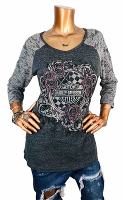 Blusa Harley Davidson Motorcycles XL Top Elastizada Texto Logo Tachonada Fácil de Usar 3/4 Foto 1 de 4