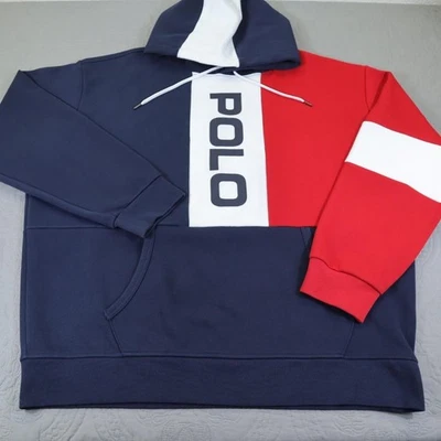 Polo Ralph Lauren Double Knit Hoodie Mens XL Blue Red Colorblock Logo Sweatshirt - Image 1 of 4