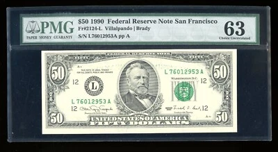 DBR 1990 $50 FRN San Francisco Fr. 2124-L PMG 63 Serial L76012953A - Image 1 of 2
