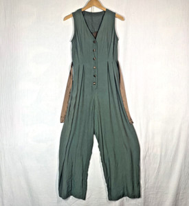 Vtg 90s Jumpsuit Green Crepe Satin Back Wide Leg Sleeveless Vest Back M Y2K