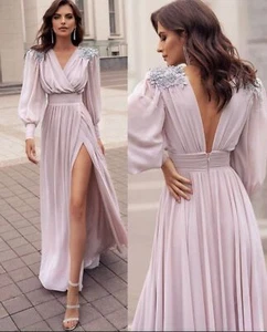 Long V-neck Long Sleeve Embellished Flowing High Slit Dress NWOT Size M (Bx 26) - Picture 1 of 12