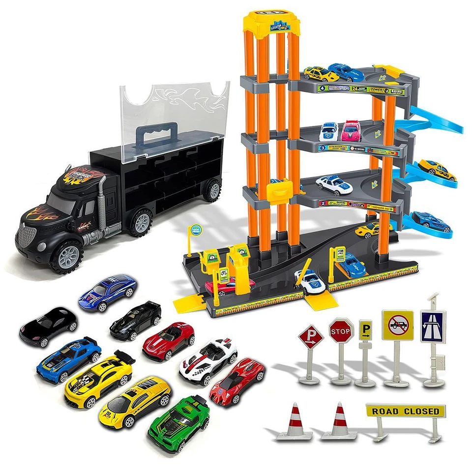 Interactive Transport Truck Playset 4-Story Parking Garage Spiral Ramps Cars - Image 1 of 4