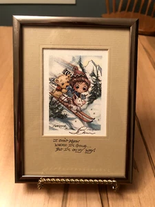 Metal Framed Jody Bergsma Signed LIthograph - Beige Skiing Child w/ Animals - Picture 1 of 4