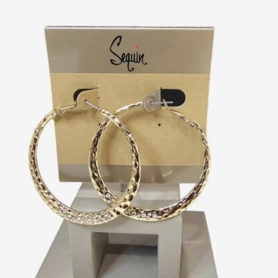 Pendientes tipo argolla de cristal enchapado en oro martillado de lentejuelas para mujer nuevos con etiquetas 2" Foto 1 de 4