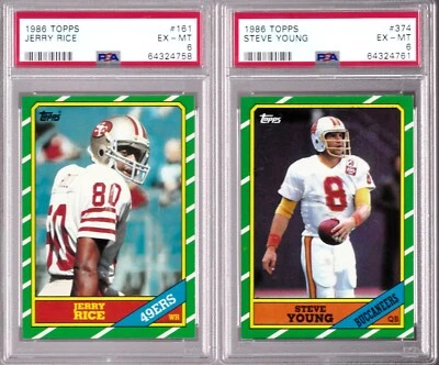 Tarjeta de novato Steve Young Jerry Rice 49ers 1986 Topps #374 y #161 RC PSA 6 nueva Foto 1 de 2