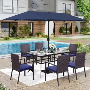 8 PCS Outdoor Dining Set Patio Furniture Table and Chairs Set with Umbrella - Picture 1 of 13
