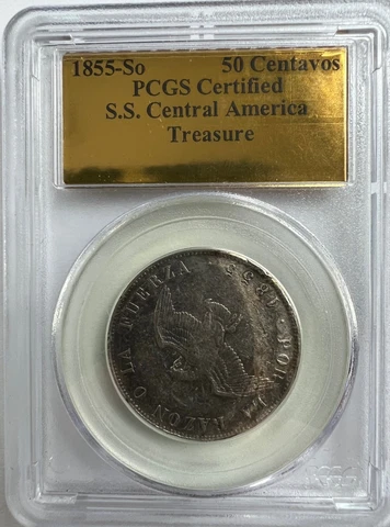 SS CENTRAL AMERICA 1853 SO CHILE 50 CENTAVOS SSCA TREASURE GOLD LABEL 1ST RECOV Cover