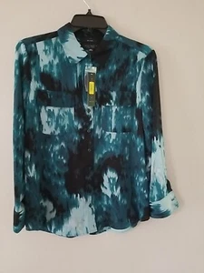 Women's Long Sleeve "Silky" Blouse Size Petite Sm. Blue, Aqua, Black Print - Picture 1 of 4