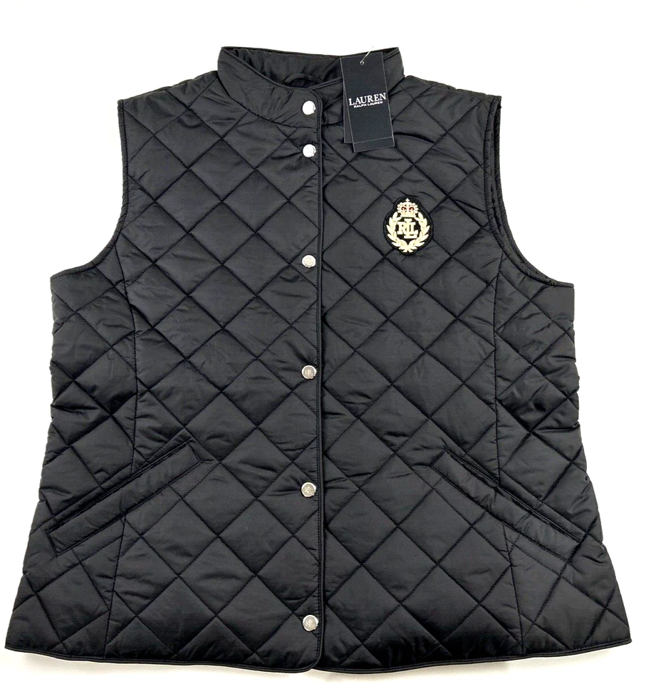 Lauren RALPH LAUREN Sz L Crest-Patch Quilted Mockneck Vest 84922T Black