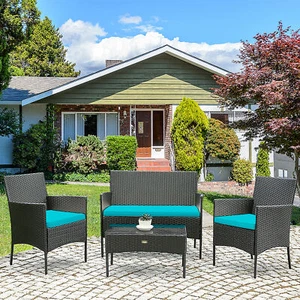 4PCS Outdoor Furniture Set Patio Rattan Conversation Set w/ Turquoise Cushion - Picture 1 of 10