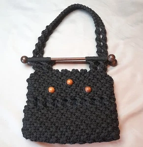 Vintage 70s Boho Macrame BlackPurse Double Handles Wood Bead Dowel Inside Lined - Picture 1 of 8
